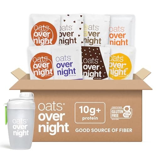 Oats Overnight Vegan Variety Pack - High Protein, High Fiber Breakfast Protein Shake - Gluten Free Oatmeal, Non GMO Protein Oatmeal - Banana Bread, Blueberry Cobbler & More (8 Pack + Shaker Bottle) - Image 1