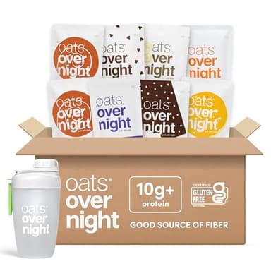 Oats Overnight Vegan Variety Pack - High Protein, High Fiber Breakfast Protein Shake - Gluten Free Oatmeal, Non GMO Protein Oatmeal - Banana Bread, Blueberry Cobbler & More (8 Pack + Shaker Bottle) - Image 1