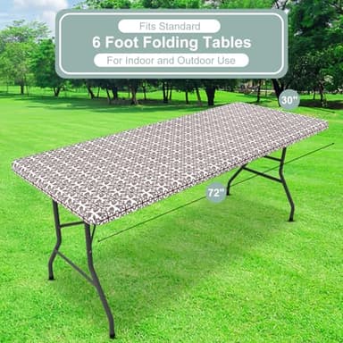 misaya Rectangle Vinyl Table Cloth, Elastic Fitted Flannel Backed Tablecloth, 100% Waterproof Plastic Table Cover Fits 6 Foot Folding Tables for Picnic, Camping, Outdoor (Coffee, 30" x 72") - Image 7