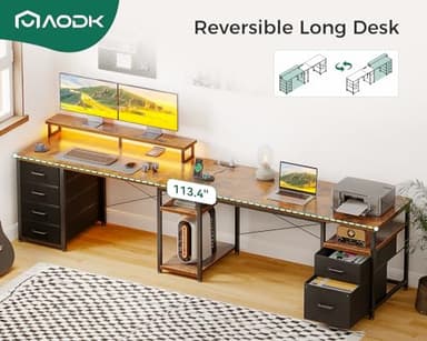 AODK 66" L Shaped Computer Desk, 113“ Reversible Home Office Desk with File Cabinet & 4 Fabric Drawers, Two Person Desk with LED Lights & Power Outlet, Corner Gaming Desk with Monitor Shelf, Vintage - Image 7