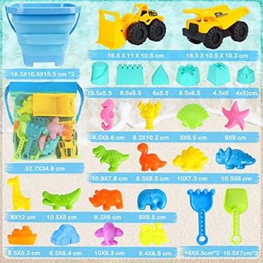 FHOZGECY Beach Toys, 31Pcs Sand Toys with 2 Construction Vehicle and 2 Collapsible Beach Bucket, Sand Castle Building Kit, Sand Molds, Shovel Set, Mesh Bag, Summer Toys for Kids Ages 4-8 - Image 6