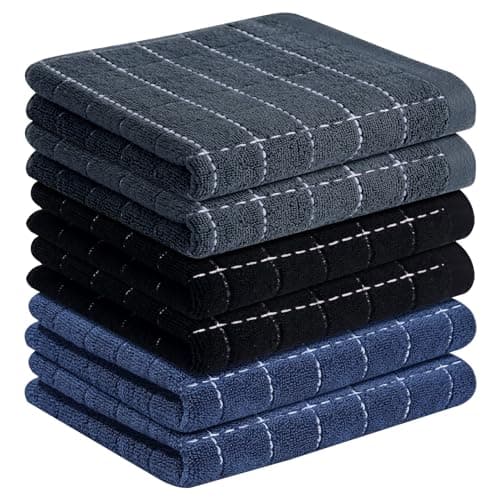 Homaxy 100% Cotton Terry Kitchen Towels(Navy+Grey+Black, 13 x 28 inches), Checkered Designed, Soft and Super Absorbent Dish Towels, 6 Pack - Image 1