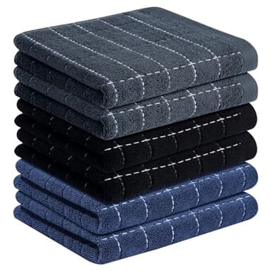 Homaxy 100% Cotton Terry Kitchen Towels(Navy+Grey+Black, 13 x 28 inches), Checkered Designed, Soft and Super Absorbent Dish Towels, 6 Pack - Image 1