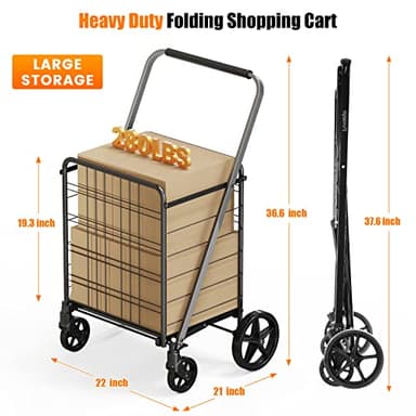 [Upgrade] Shopping Cart for Groceries, 280 LBS Large Grocery Cart with Waterproof Liner, 360° Rolling Swivel Wheels, Heavy Duty Utility Cart Folding Shopping Carts for Laundry Luggage Gift - Image 3