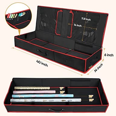 BALEINE Wrapping Paper Storage Organizer, 40" Durable 600D Oxford Fabric Gift Wrap Storage Bag with Flexible Partitions for Ribbon, Holiday Accessories (Black/Red) - Image 4