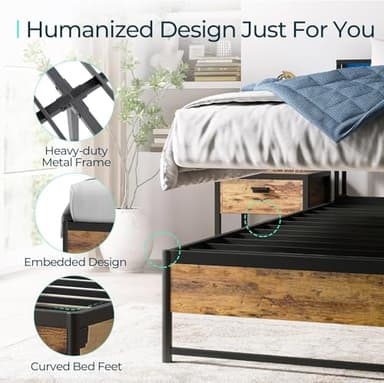 LINSY Queen Bed Frame with Ergonomic Headboard, Fast Assembly Metal Industrial Bed Frame with Lights & Charging, 14 inch Bed Queen Size with Storage, No Box Spring Needed, Rustic Brown - Image 7