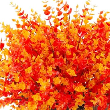 Artificial Fake Fall Autumn Eucalyptus Plants Flowers for Outdoor Outside Decoration, Faux Silk Orange Boxwood Look Real UV Resistant for Home Porch Patio Planter Decor，12 Bundles - Image 6