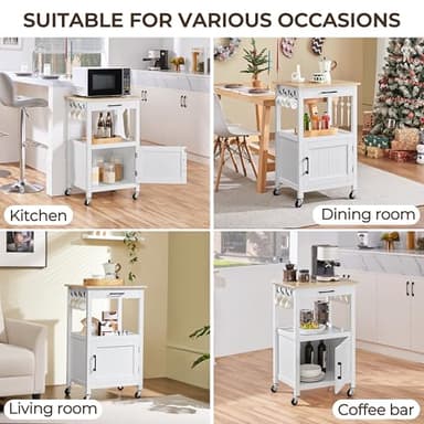 Yaheetech Rolling Kitchen Island with Single Door Cabinet, Kitchen Cart with Drawer on Swivel Wheels, Small Coffee Cart Microwave Stand with 3 Side Hooks for Dining Room, White - Image 9