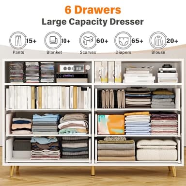 EnHomee White Dresser with LED Lights, 6 Drawers & 2 Open Shelves Top Dresser for Bedroom, Wood Chests of Drawers - Image 4