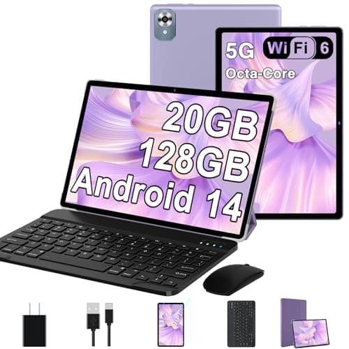 2025 Android 14 Tablet with Keyboard 20GB+128GB+1TB Expand, 10.1 Inch Octa-Core 2-in-1 Tablets with HD IPS Display, 5G WiFi 6, 6000mAh Battery, BT5.0, Split Screen, Widevine L1, Mouse, Case -Purple - Image 1