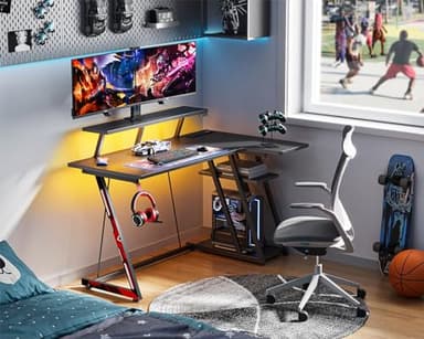 MOTPK Gaming Desk with LED Lights & Power Outlets, 47 Inch L Shaped Computer Desk with Storage Shelf, & Monitor Stand, PC Gaming Table with Carbon Fiber Texture, Black - Image 9