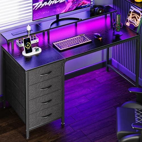 Huuger 47 Inch Computer Desk with Power Outlets and LED Lights, Gaming Desk with 4 Drawers, Office Desk with Monitor Stand, Study Work Home Office, Small Spaces, Black - Image 1
