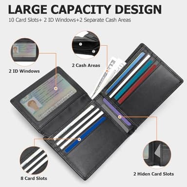 Sigtrenx Leather Wallets for Men, Genuine Leather Mens Wallet Bifold Rfid Blocking with 2 ID Windows (Black) - Image 3