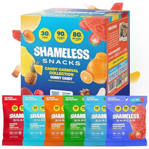 Shameless Snacks Candy Carnival - Healthy Low Sugar Snacks with Pineapple, Mango, Orange, Strawberry & Cola Gummies - Vegan, Gluten-Free, Low-Calorie Candy Variety Pack - Image 1