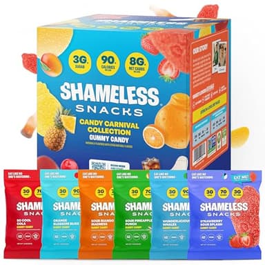 Shameless Snacks Candy Carnival - Healthy Low Sugar Snacks with Pineapple, Mango, Orange, Strawberry & Cola Gummies - Vegan, Gluten-Free, Low-Calorie Candy Variety Pack - Image 1