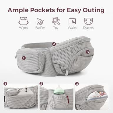 Momcozy Baby Carrier with Hip Seat, 2-in-1 Forward-Facing Carry for Active Babies, Detachable Hands-Free Carrier up to 44lbs, Breathable Infant Carrier Fits Waist Sizes up to 45 Inches, AirMesh Grey - Image 4
