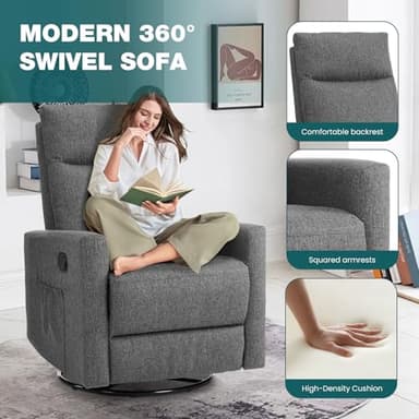 SMUG Swivel Rocking Recliner Chair with Extra Large Footrest High Back, Upholstered Glider Nursery Chair for Living Room, Bedroom & Nursery, Comfortable Deep Seat for Relaxation, Grey - Image 5