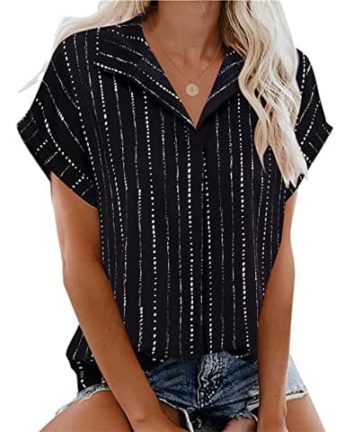Timeson Ladies Tops and Blouses,Collared V Neck Work Shirts for Women Short Sleeve Business Casual Tops Women Professional Work Clothes Loose Fit Summer Chiffon Tunics Tops Sheer Silk Black Stripe S - Image 3