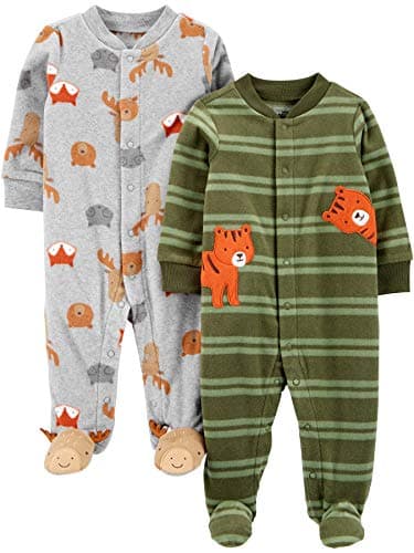 Simple Joys by Carter's Baby Boys' 2-Pack Fleece Footed Sleep and Play, Grey Forest Animals/Olive Tiger, 6-9 Months - Image 1