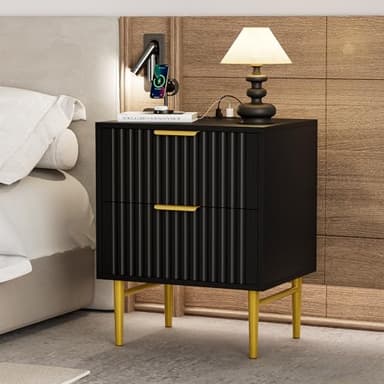 HQZX Black Nightstand Set of 2 with Charging Station, Fluted Nightstand with Drawers, Modern Bedside Table with Gold Legs, End Table for Bedroom - Image 5