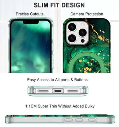 Lamcase for iPhone 13 Pro Case with Magnetic Invisible Ring Stand [Compatible with MagSafe], Full Body Rugged Slim Women Men Girl Shockproof Marble Pattern Design Case, Deep Green - Image 3