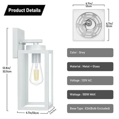 BesLowe 2-Pack Outdoor Wall Light Fixtures, Exterior Waterproof Wall Lanterns, Porch Sconces Wall Mounted Lighting with E26 Sockets & Glass Shades, Modern Wall Lamps for Front Door, Grey - Image 5