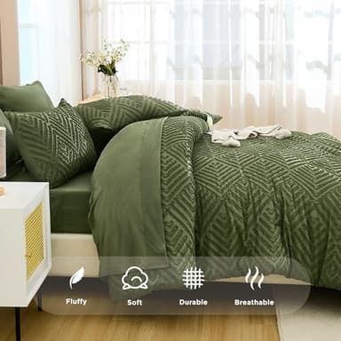 Andency California King Comforter Set Olive Green - 7 Piece Cal King Bed in a Bag Boho Olive Green Tufted Bedding Sets, Bed Set with Comforter, Sheets, Pillowcases & Shams - Image 7