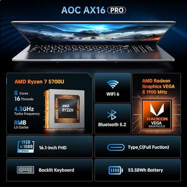 AOC 2025 Laptop with AMD Ryzen 7 5700U Processor(8C/16T, Up to 4.3GHz), 16.1 inch FHD Display Laptop 16GB RAM 512GB NVMe SSD Laptop Computer, USB3.2, Type-C, WiFi 6, 53Wh Battery, Backlit KB - Image 2