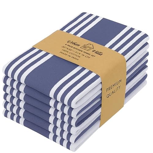 Urban Villa Kitchen Towels 100% Cotton Pack of 6, Highly Absorbent Quick Drying Super Soft Premium Dish Towels for Kitchen with Hanging Loop Hand & Tea Towels - 20x30 Inch, (Blue & White, Striped) - Image 1