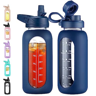 CIVAGO 32 oz Glass Water Bottle with Straw and Handle, Large Sports Motivational Water Bottle Flask with Time Marker and 2 Lids, Leakproof Water Jug Canteen with Silicone Sleeve for Gym,Navy - Image 1