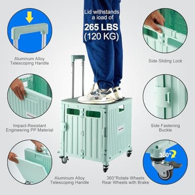 MACOPRO Folding Utility Cart Portable Rolling Crate Handcart Shopping Trolley Collapsible Tool Box, with Lid, Basket on 4 Rotate Wheels, for Grocery, Office, Teacher, Travel Shop Move Luggage (Green) - Image 3