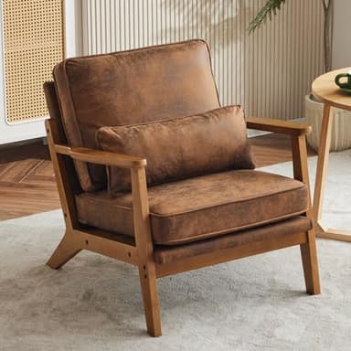 Karl home Accent Chair Wide Armrest Mid-Century Lounge Chair Bronzing Cloth Armchair with Lumbar Pillow & Solid Wood Frame for Living Room, Bedroom, Balcony, Brown - Image 1