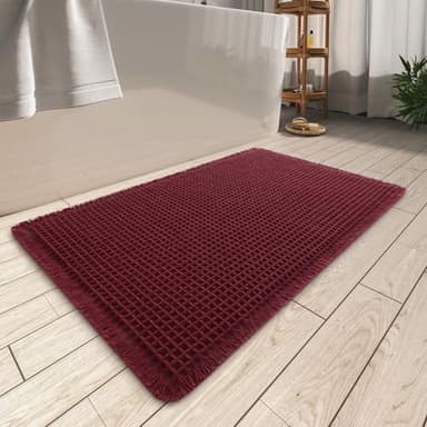 AMOAMI Upgraded Waffle Bath Mat, Super Absorbent Non Slip Bath Mats for Bathroom Floor, Machine Washable Bathroom Rugs with Tassels, Rubber Backed Bathroom Mats, Ultra Soft, 24" x 36", Burgundy - Image 1