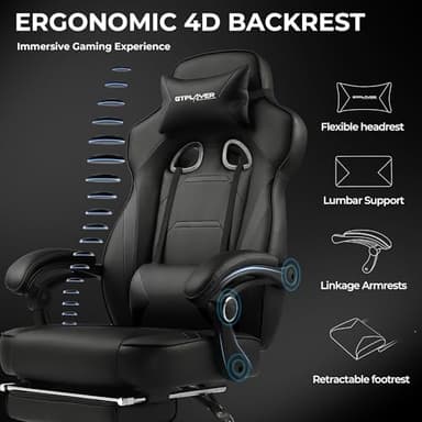 GTPLAYER Gaming Chair with Footrest, Big and Tall Computer Game Chair 350lb Racing Style, Ergonomic High Back Lumbar Support and Recliner, Black - Image 5