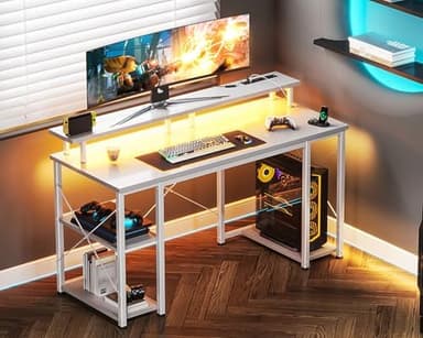 ODK 48 inch Gaming Desk with LED Lights & Power Outlets, Computer Desk with Monitor Stand & Storage Sheves, CPU Stand, Home Office Desk, White - Image 4