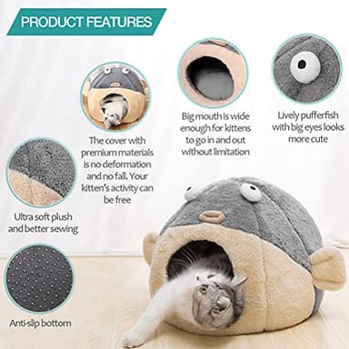 Cat Beds for Indoor Cats - Cat Bed Cave with Removable Washable Cushioned Pillow, Soft Plush Premium Cotton No Deformation Pet Bed, Lively Pufferfish cat House Design, Grey, Multiple Sizes - Image 3