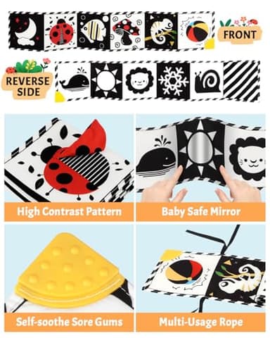 Tummy Time Toys, High Contrast Baby Book with Mirror & Teether, Black and White Infant Books, 0-6-12 Months Soft Book for Newborn, Sensory Books, Tummy Time Car Seat Toys 0-6 Month Boy Girl Gift - Image 6