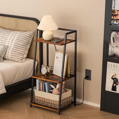 keomaisyto 3-Tier Bathroom Shelves with Power Strips, Ladder Shelf for Storage, Rustic Bathroom Stand Organizer, Display Nightstand with Space-Saving Design, Stylish Storage Solution for Home - Image 1