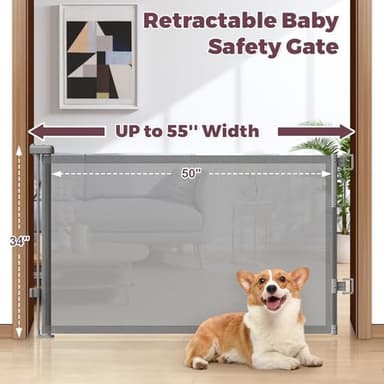 Cideny Retractable Baby Gate for Stairs, 55" Wide Mesh Dog Gate Indoor, 34'' Tall Child Gate for Doorways, Hallways, Deck, Indoor Outdoor Pet Baby Safety Essentials for Home, Grey - Image 2