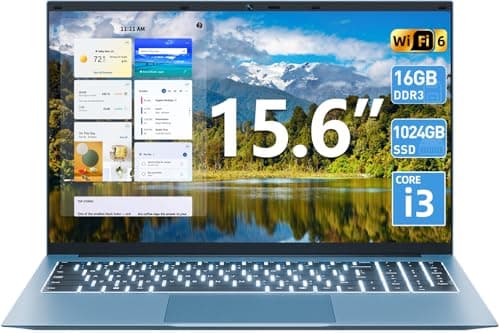 Naclud 15.6 Inch Laptop Computer, Windows 11 Laptops with 16GB RAM 1024GB SSD, Core i3-10100Y CPU(Up to 3.9GHz), Backlit Keyboard, 53.2WH Battery, WiFi 6, IPS FHD Display, 180° Viewing, HDMI, Type-C - Image 1