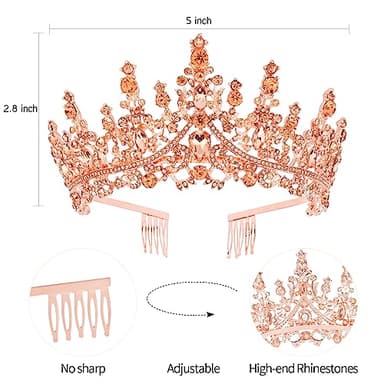 Velscrun Rose Gold Crystal Birthday Queen Tiara Crown for Women Girls Birthday Queen Headband Sash Elegant Princess Crown with Combs Hair Accessories Happy Birth Party Decorations Mom Birth Gift - Image 6