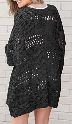 Mafulus Women's Crochet Cardigan Kimono Boho Long Sleeve Lightweight Soft Oversized Open Front Knitted Sweater Black - Image 2