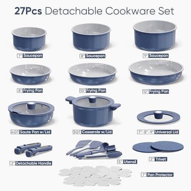 CAROTE 27pcs Ceramic Cookware Set Nonstick, Pots and Pans Set Non Stick, Non Toxic Cookware Detachable Handles, Dishwasher/Oven Safe, RV/Camping Cookware, Pan and Pot with Kitchen Utensils, Navy Blue - Image 4