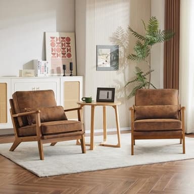 Karl home Accent Chair Wide Armrest Mid-Century Lounge Chair Bronzing Cloth Armchair with Lumbar Pillow & Solid Wood Frame for Living Room, Bedroom, Balcony, Brown - Image 7