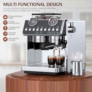 QJA Espresso Machine with Grinder, 20 Bar Pressure Professional Espresso Maker with 30 Grinding Settings, 58mm Portafilte, Anti-scalding Milk Frother Steam Wand for Latte Cappuccino (Stainless Steel) - Image 5