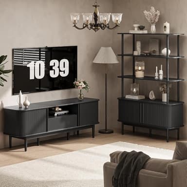 MAISONARIA 63" Black TV Stand, Fluted Entertainment Center for TVs up to 70'', Modern TV Stand with Storage, Entertainment Center with Sliding Doors, Wood Media Console for Bedroom, Living Room - Image 7