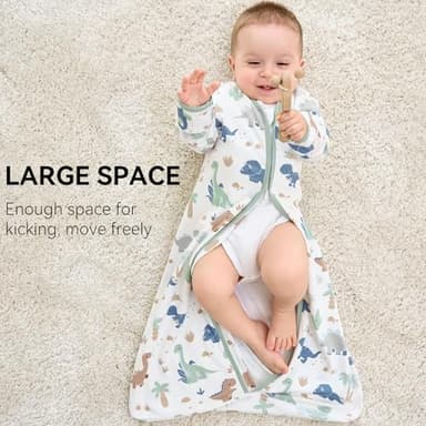 FIEMOL Baby Sleep Sack 12-18 Months, Long Sleeve Baby Wearable Blanket 0.5 Tog with Mittens, 2-Way Zipper Toddler Cotton Sleeping Sack for Boy and Girl Green Dinosaur 2 Pack(Large) - Image 6