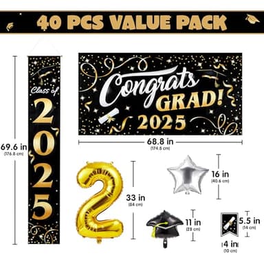 JOYIN Graduation Party Decorations Class of 2025, Black & Gold Grad Celebration Supplies Set with Backdrop Banner, Porch Sign, Balloons, Foil Number 2025, Hanging Strip for High School College Grad - Image 2