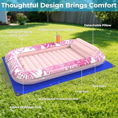 Inflatable Tanning Pool Lounger Float with Protection Tarp, 85" x 57" Pool Floats Adult with Pillow, 6 in 1 Suntan Tub Raft Floatie, Sunbathing Water Bed Lounge Blow Up Kids Ball Pit Party Gifts-Pink - Image 7