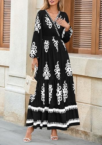 PRETTYGARDEN Women's 2025 Fall Wedding Guest Dresses Boho Floral Long Sleeve V Neck Flowy Elegant Maxi Dress Beach Clothes (Floral Black White,Large) - Image 7
